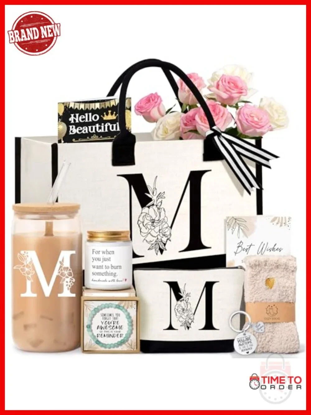 Monogrammed Tote Set with Cosmetic Bag & Glass Cup, Canvas Tote Bag,